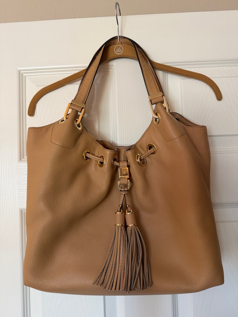 Michael Kors Tan Leather Shoulder Hobo with Tassel Detail